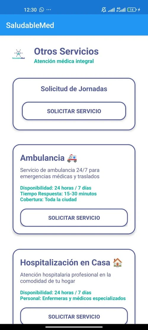 Pantalla de servicios de la aplicación SaludableMed